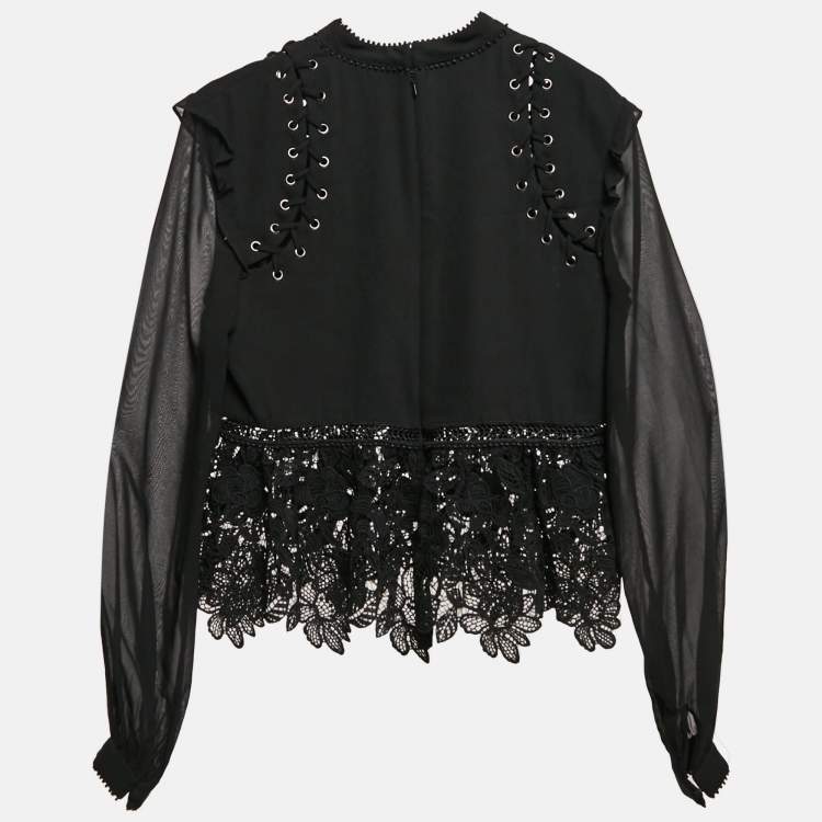 Pre Owned Self-Portrait Black Lace & Crepe Lace-Up Detail Blouse M