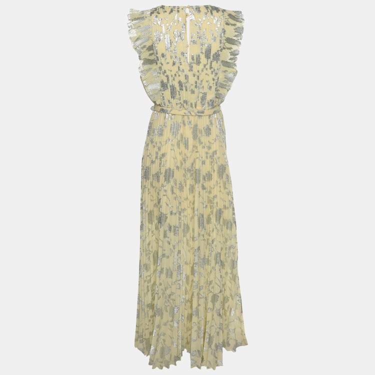 Pre Owned Self-Portrait Yellow Jacquard Fabric Belted Sleeveless Maxi Dress M