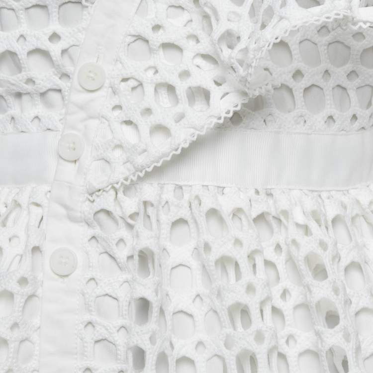 Pre Owned Self-Portrait White Guipure Lace Ruffled Midi Dress S