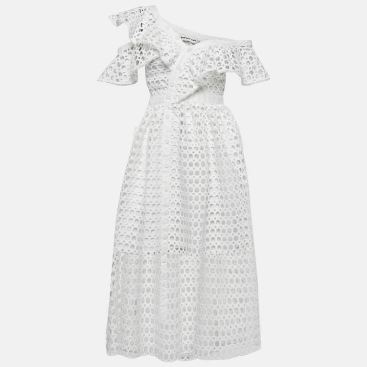 Pre Owned Self-Portrait White Guipure Lace Ruffled Midi Dress S