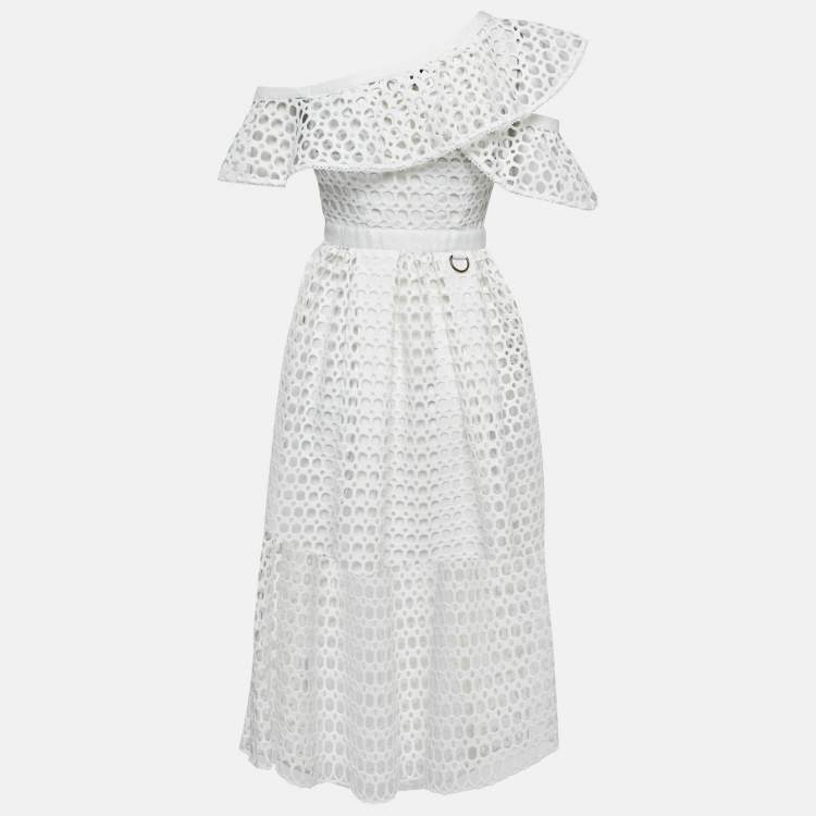 Pre Owned Self-Portrait White Guipure Lace Ruffled Midi Dress S