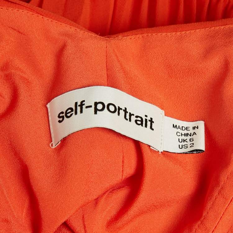 Pre Owned Self-Portrait Orange Lace Trim Chiffon Pleated Off-Shoulder Mini Dress S