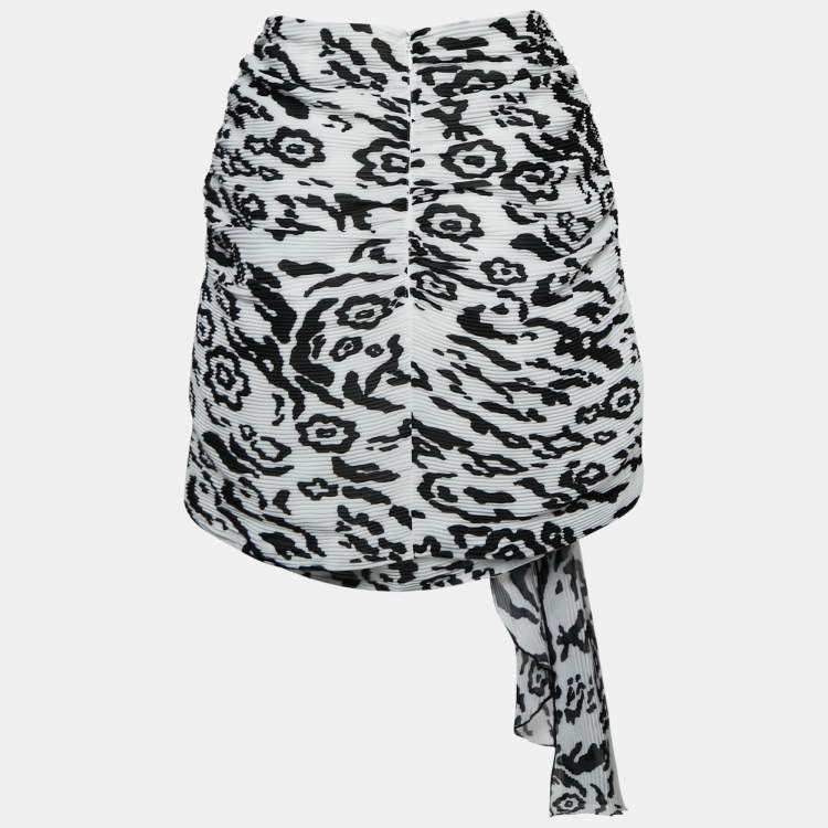 Pre Owned Self-Portrait Black/White Leopard Print Plisse Draped Mini Skirt M