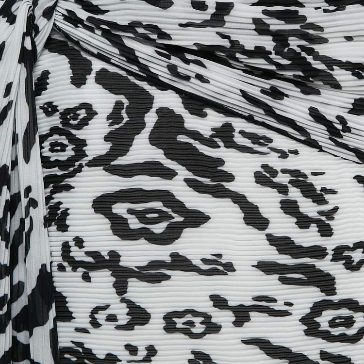 Pre Owned Self-Portrait Black/White Leopard Print Plisse Draped Mini Skirt M