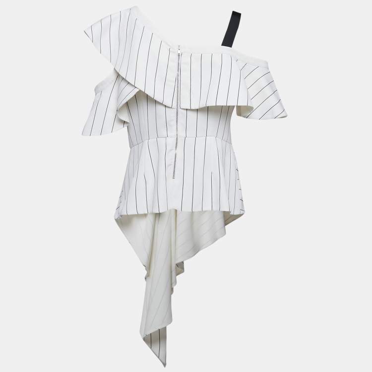 Pre Owned Self-Portrait Stripe Crepe Ruffled Asymmetric Top M