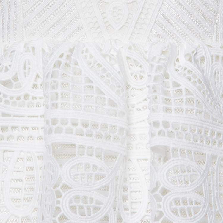 Pre Owned Self-Portrait White Guipure Lace Sleeveless Mini Peplum Dress S