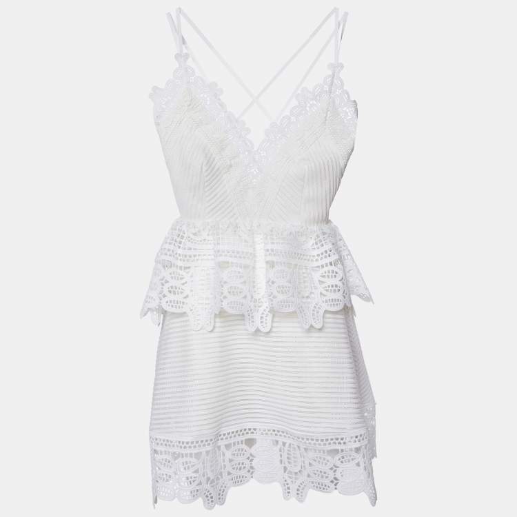 Pre Owned Self-Portrait White Guipure Lace Sleeveless Mini Peplum Dress S