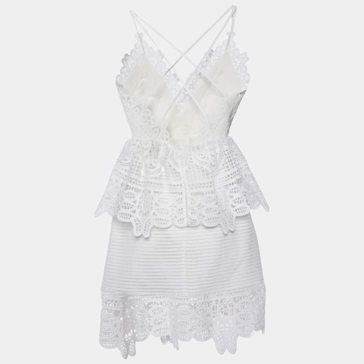 Pre Owned Self-Portrait White Guipure Lace Sleeveless Mini Peplum Dress S