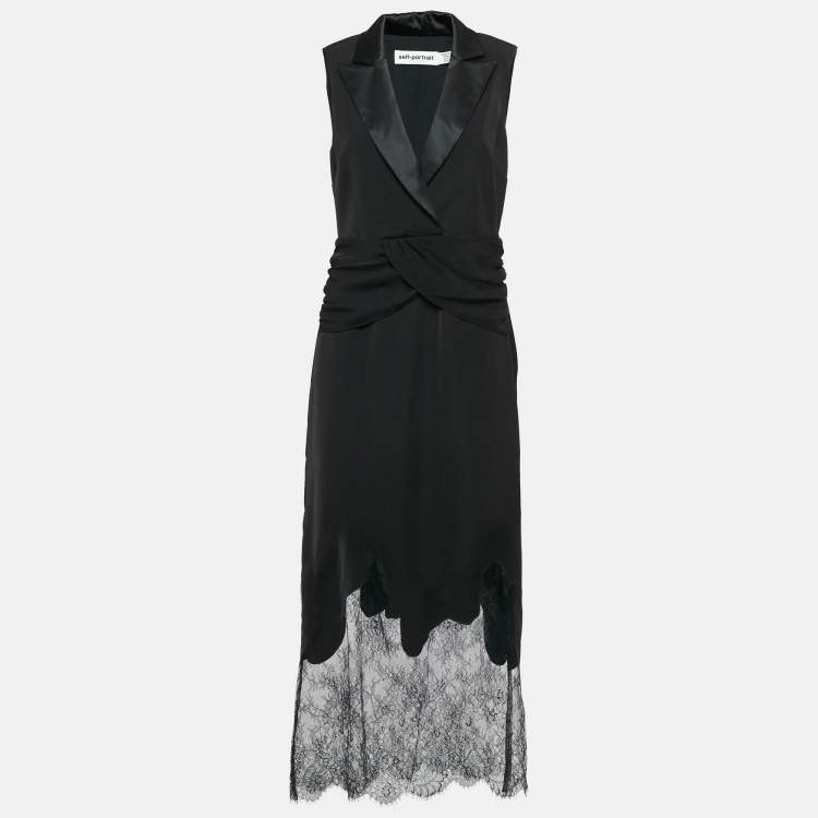 Pre Owned Self-Portrait Black Lace Trim Crepe Sleeveless Tailored Dress M