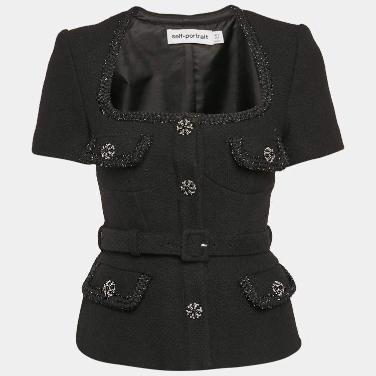 Pre Owned Self-Portrait Black Tweed Tailored Peplum Top S