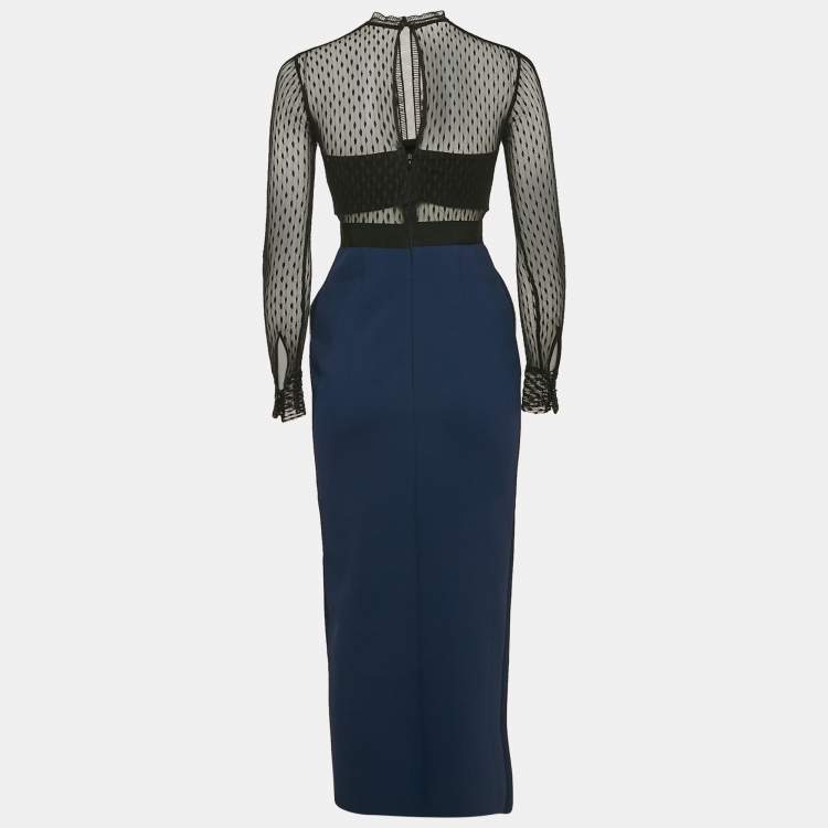 Pre Owned Self-Portrait Blue/Black Lace Trim Crepe Pencil Dress S
