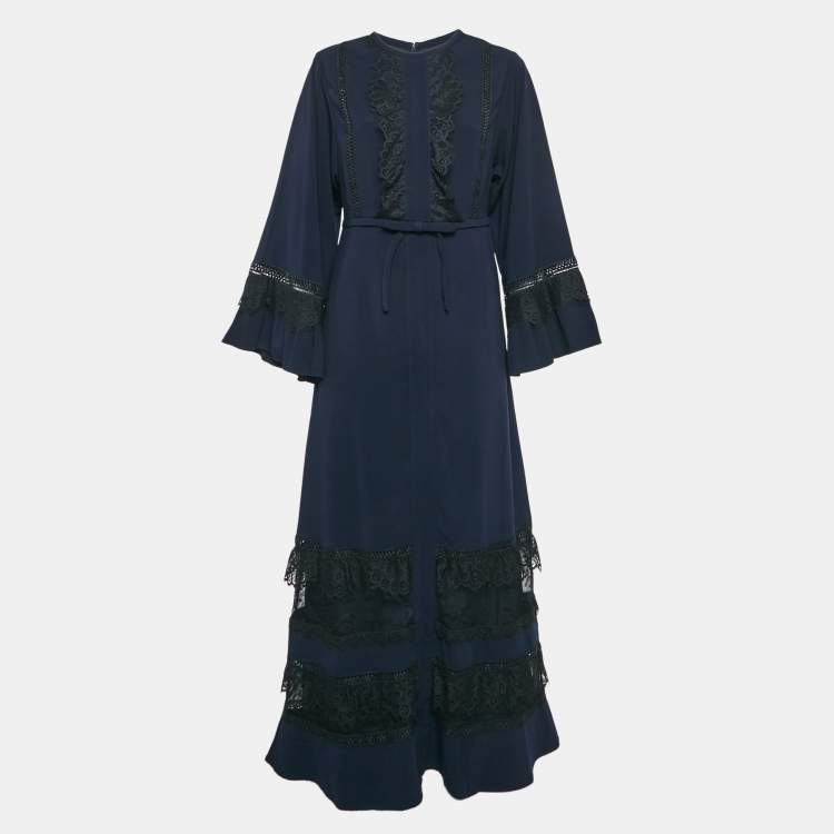 Pre Owned Self-Portrait Navy Blue Crepe Lace Trimmed Maxi Dress M