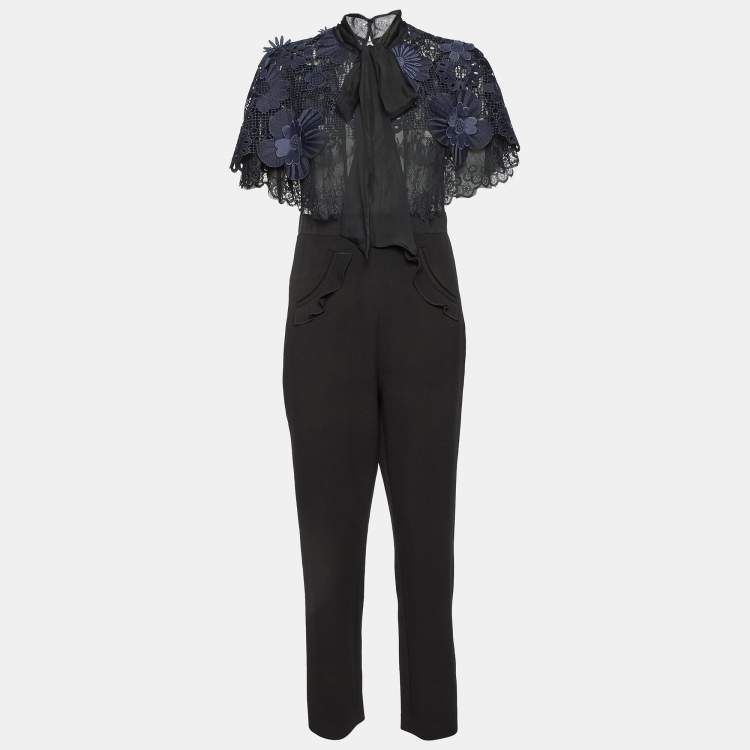 Pre Owned Self-Portrait Black/Blue Cady & Lace Ruffled Tie-Neck Jumpsuit M