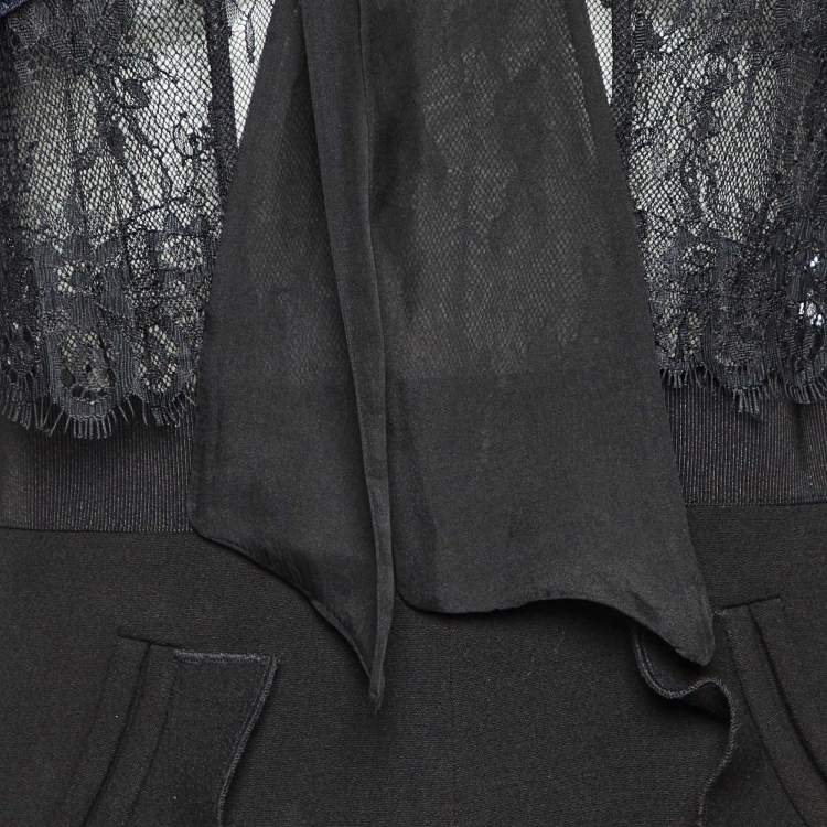 Pre Owned Self-Portrait Black/Blue Cady & Lace Ruffled Tie-Neck Jumpsuit M