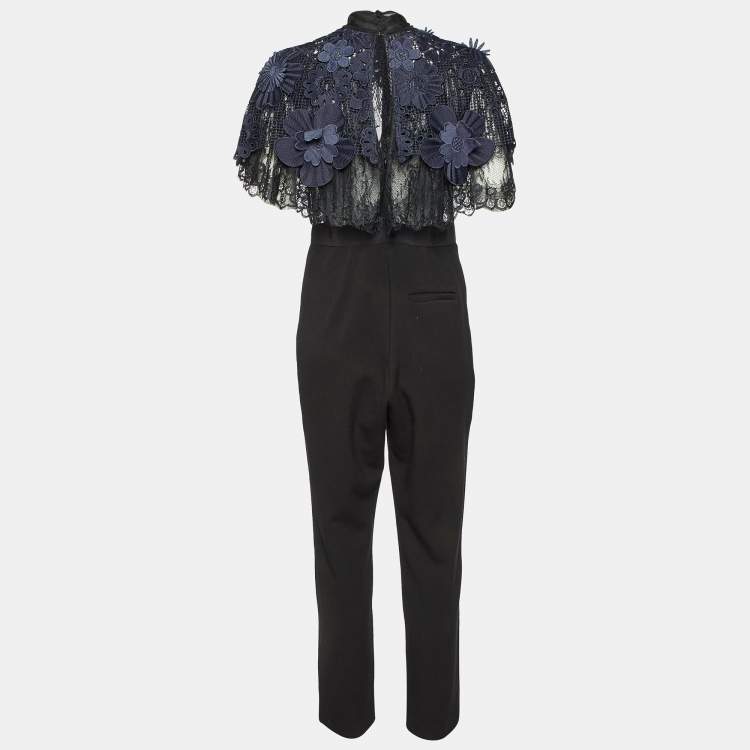 Pre Owned Self-Portrait Black/Blue Cady & Lace Ruffled Tie-Neck Jumpsuit M