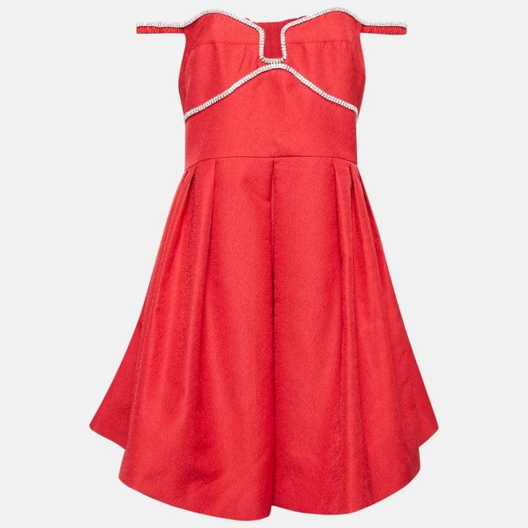 Pre Owned Self-Portrait Red Textured Crepe Diamante Detail Mini Dress L