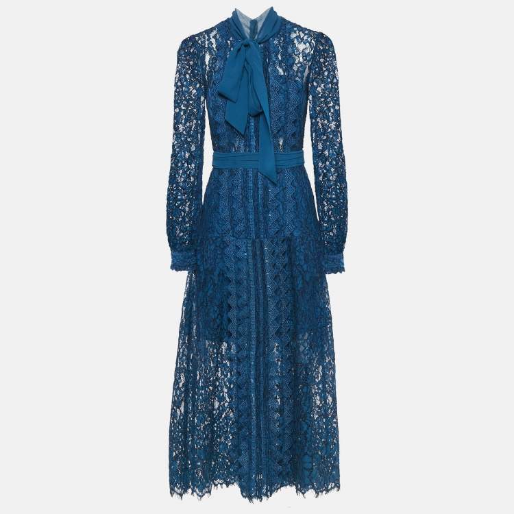 Pre Owned  Self-Portrait Blue Petrol Lace Pussy Bow Midi Dress S