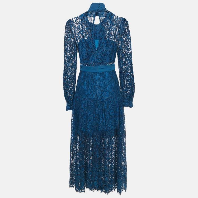 Pre Owned  Self-Portrait Blue Petrol Lace Pussy Bow Midi Dress S