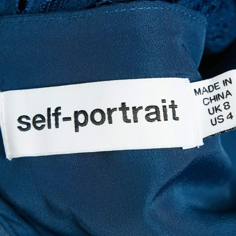 Pre Owned  Self-Portrait Blue Petrol Lace Pussy Bow Midi Dress S