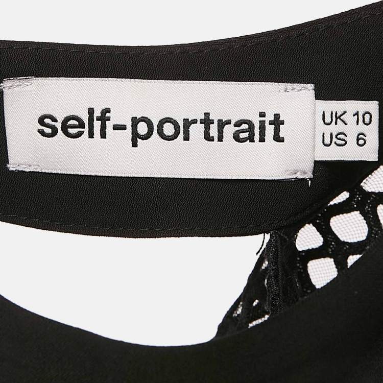 Pre Owned Self-Portrait Black Lace Ruffled Cold-Shoulder Top M