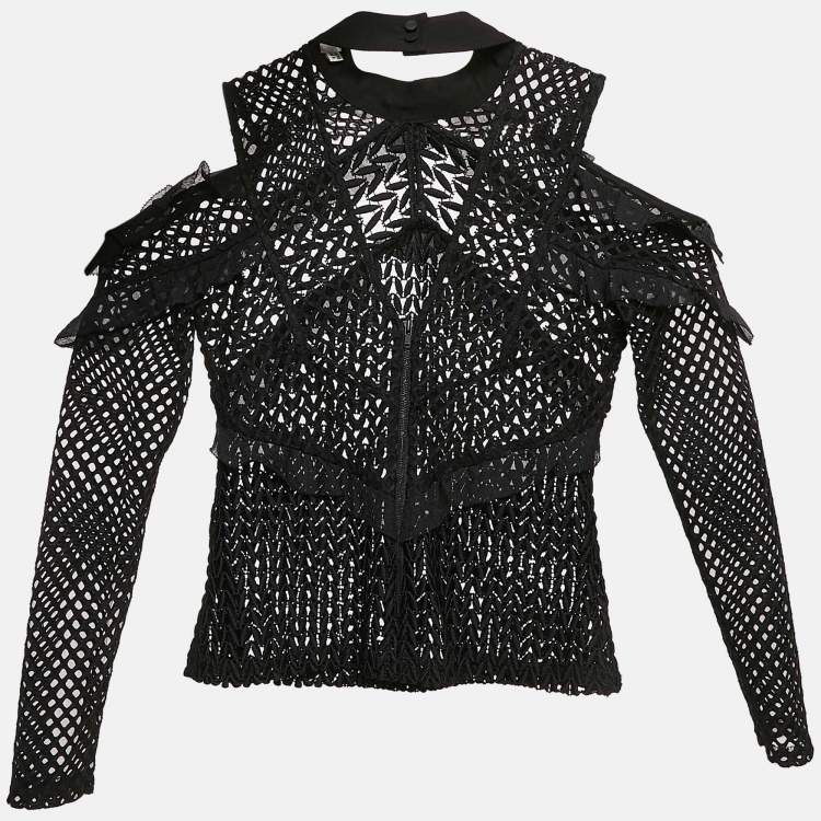 Pre Owned Self-Portrait Black Lace Ruffled Cold-Shoulder Top M