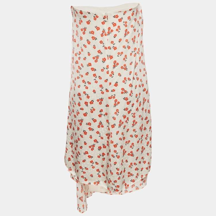 Pre Owned Self-Portrait Cream Floral Print Satin Asymmetric Midi Skirt M