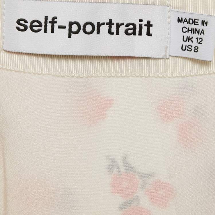 Pre Owned Self-Portrait Cream Floral Print Satin Asymmetric Midi Skirt M