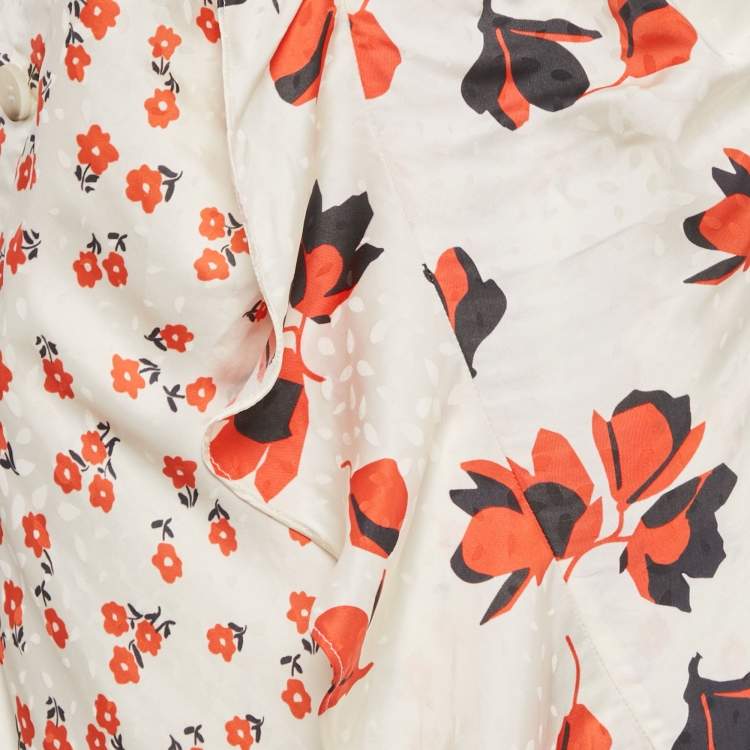Pre Owned Self-Portrait Cream Floral Print Satin Asymmetric Midi Skirt M