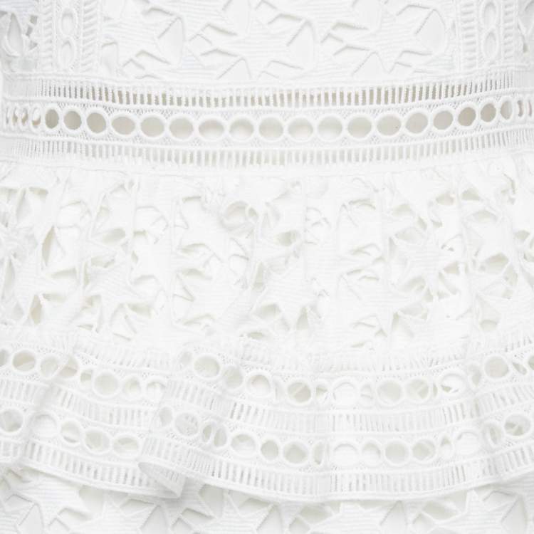 Pre Owned Self-Portrait White Star Pattern Lace Tiered Mini Dress M