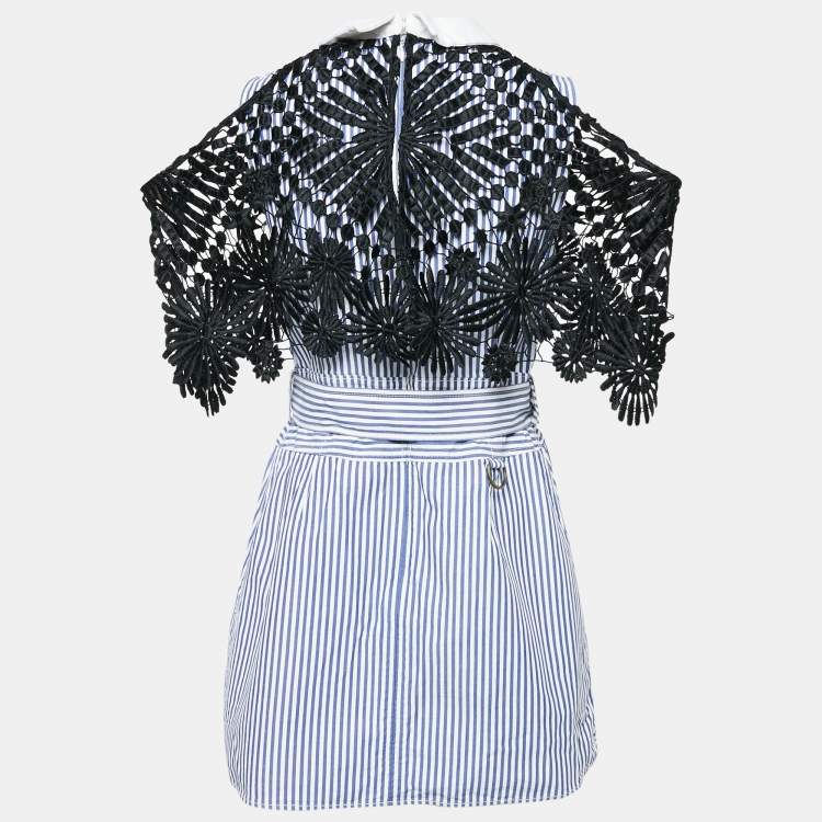 Pre Owned Self-Portrait White/Blue Stripe Cotton Lace Overlay Detail Mini Dress M