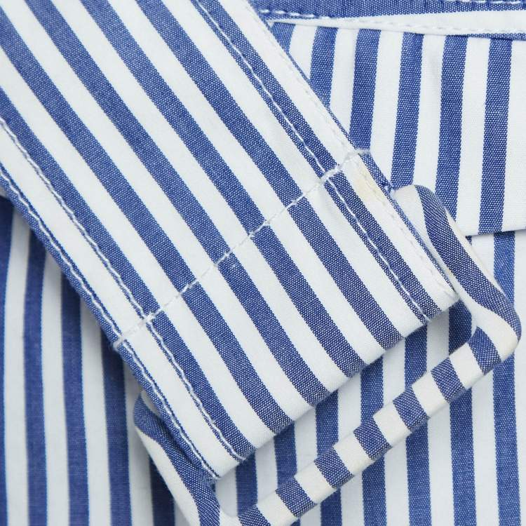 Pre Owned Self-Portrait White/Blue Stripe Cotton Lace Overlay Detail Mini Dress M