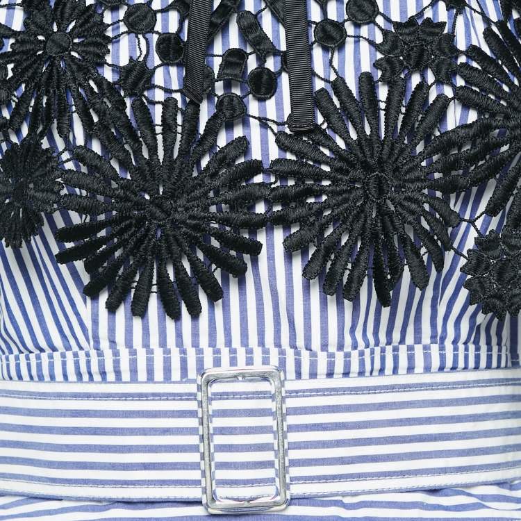 Pre Owned Self-Portrait White/Blue Stripe Cotton Lace Overlay Detail Mini Dress M