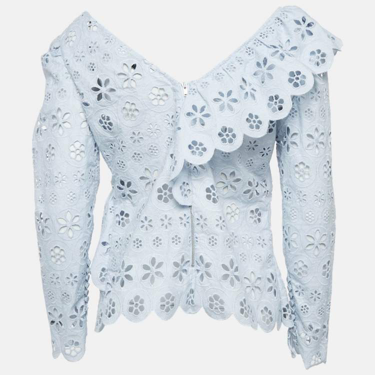 Pre Owned Self-Portrait Blue Schiffli Lace Ruffled Broderie Anglaise Top M
