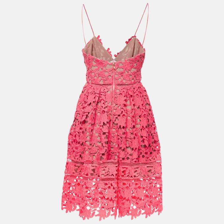 Pre Owned Self-Portrait Fuchsia Pink Floral Guipure Lace Knee-Length Dress S
