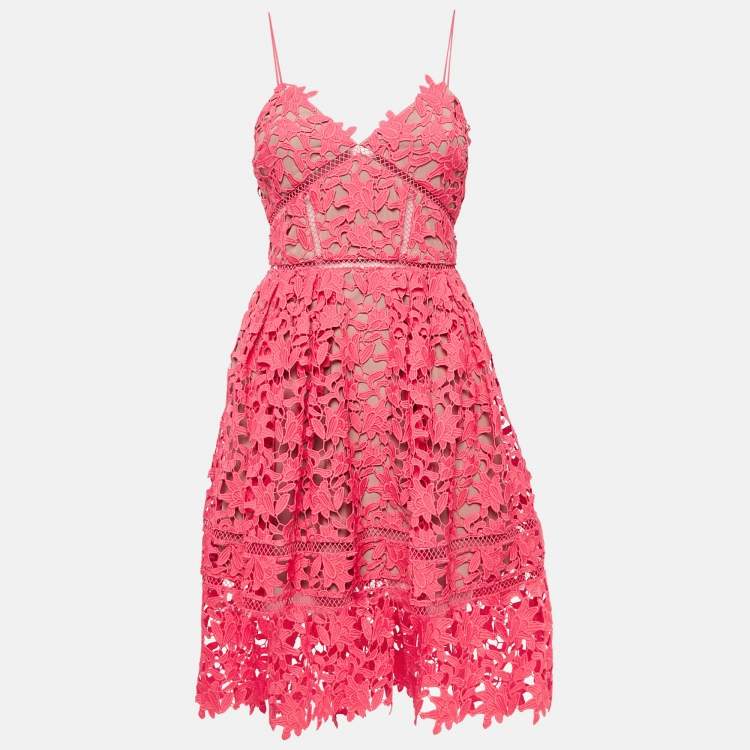 Pre Owned Self-Portrait Fuchsia Pink Floral Guipure Lace Knee-Length Dress S