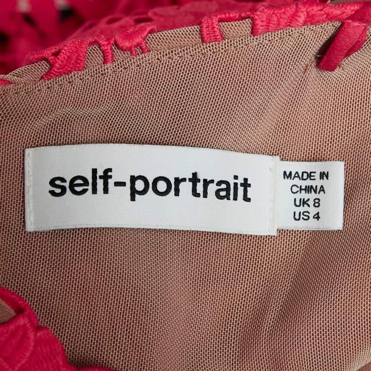 Pre Owned Self-Portrait Fuchsia Pink Floral Guipure Lace Knee-Length Dress S