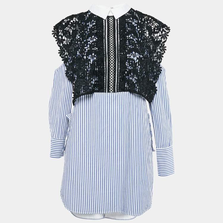 Pre Owned Self-Portrait White/Blue Stripe Cotton Lace Overlay Detail Short Dress M