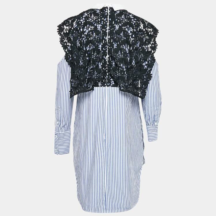 Pre Owned Self-Portrait White/Blue Stripe Cotton Lace Overlay Detail Short Dress M