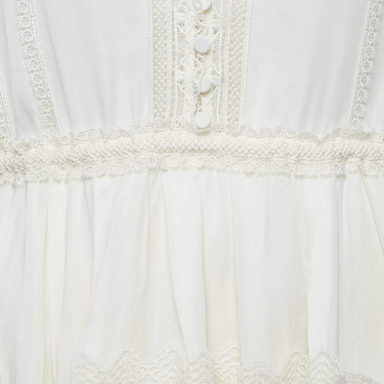 Pre Owned Self-Portrait Cream Crepe Lace Trimmed Mini Dress M