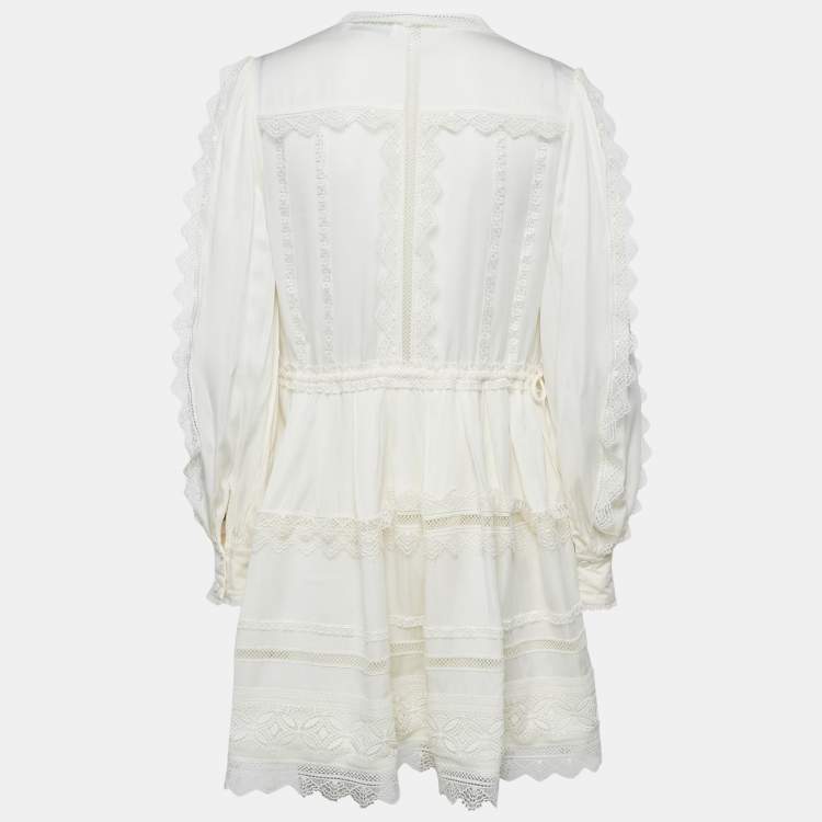 Pre Owned Self-Portrait Cream Crepe Lace Trimmed Mini Dress M
