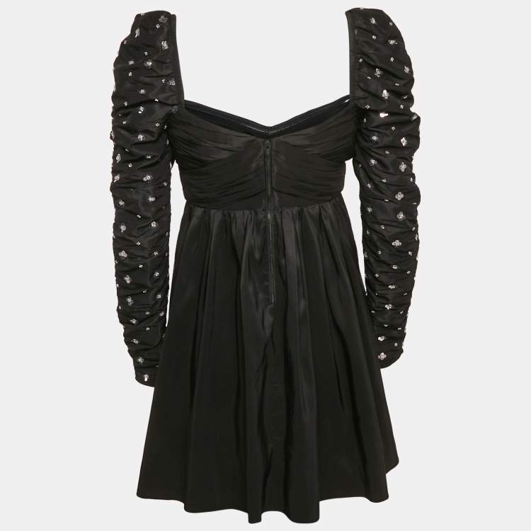 Pre Owned Self-Portrait Black Cluster Sequin Taffeta Pleated Mini Dress S