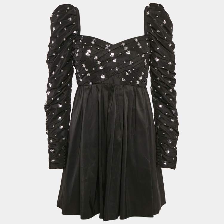 Pre Owned Self-Portrait Black Cluster Sequin Taffeta Pleated Mini Dress S