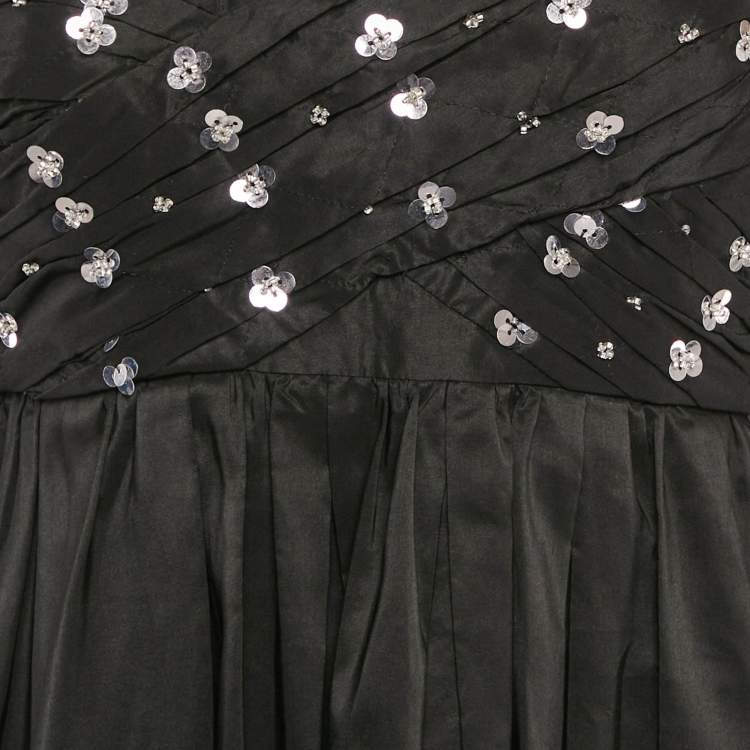 Pre Owned Self-Portrait Black Cluster Sequin Taffeta Pleated Mini Dress S