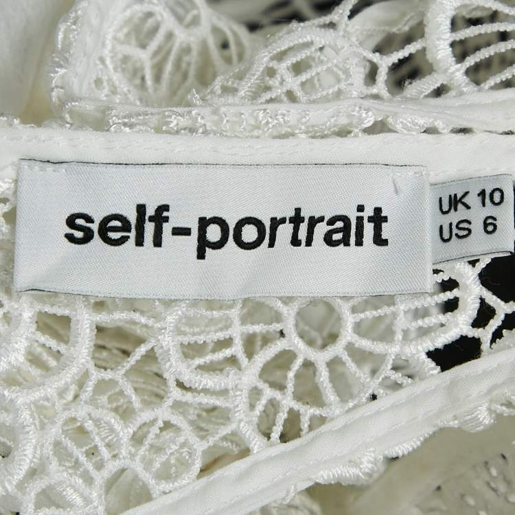 Pre Owned Self-Portrait White Floral Guipure Lace Ruffled Full Sleeve Top M