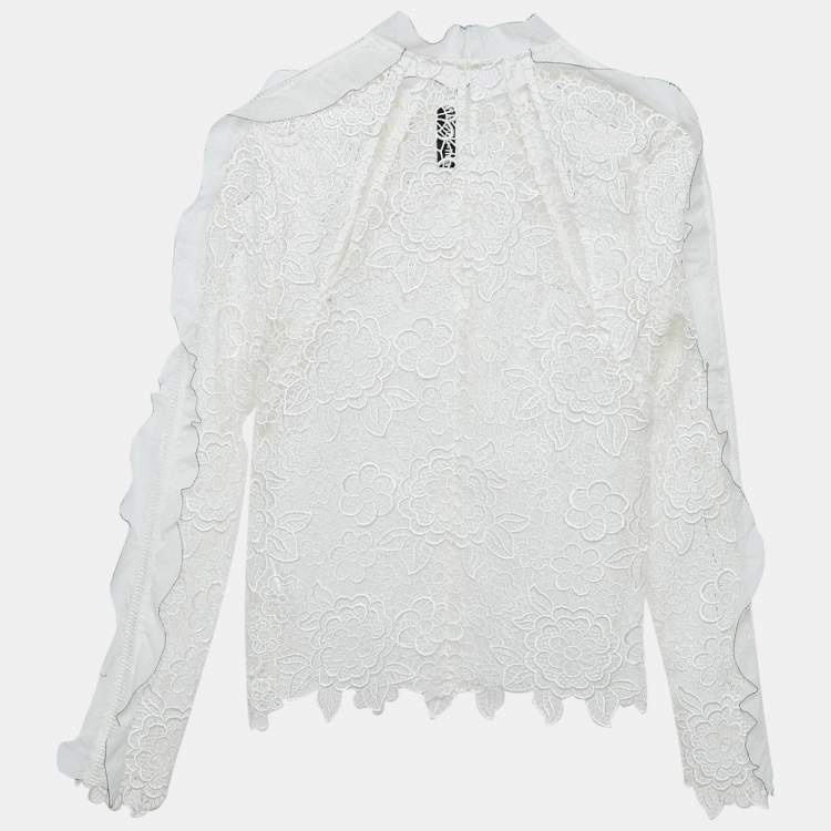 Pre Owned Self-Portrait White Floral Guipure Lace Ruffled Full Sleeve Top M