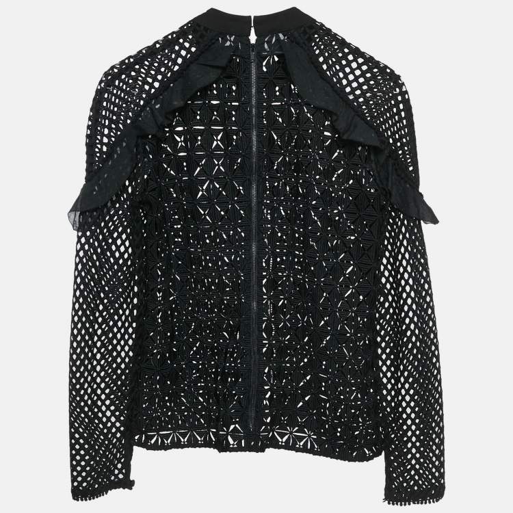Pre Owned Self-Portrait Black Guipure Lace Ruffled Full Sleeve Top M
