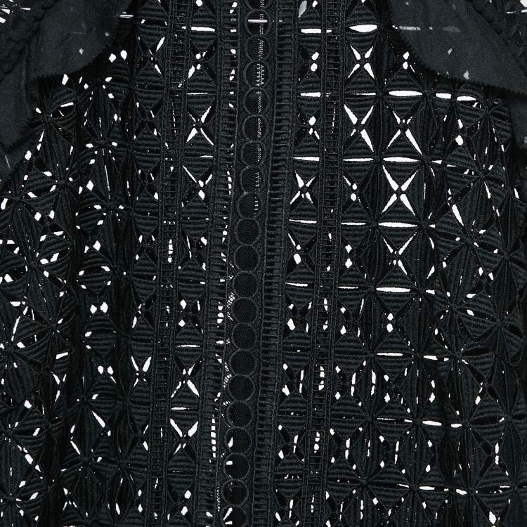 Pre Owned Self-Portrait Black Guipure Lace Ruffled Full Sleeve Top M