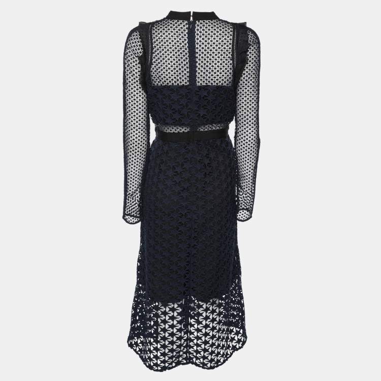 Pre Owned Self-Portrait Navy Blue/Black Lace Midi Dress M