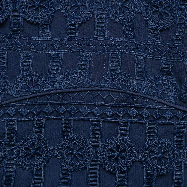 Pre Owned Self-Portrait Navy Blue Guipure Lace Tiered Mini Dress M