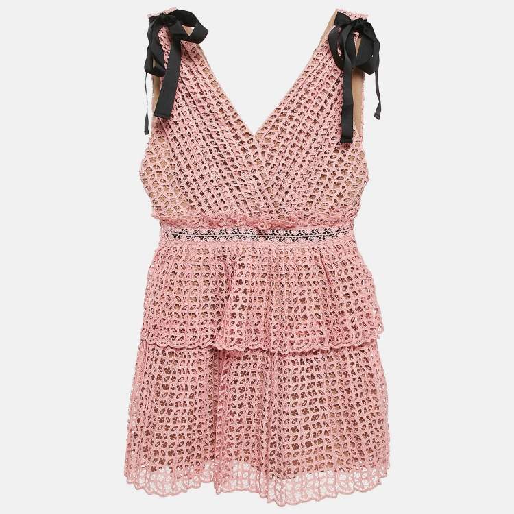 Pre Owned Self-Portrait Pink Guipure Lace Pleated Sleeveless Mini Dress S